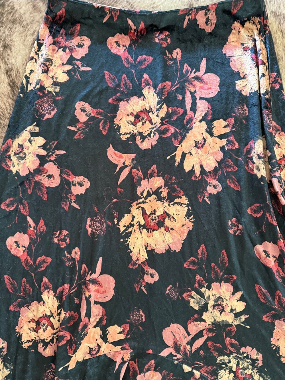 Free People Black Asymmetrical Midi Skirt with Pink & Peach Floral Print - Picture 2 of 2